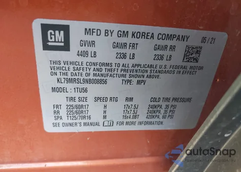 2022 Chevrolet Trailblazer Awd Lt из США, поврежденный, VIN KL79MRSL9NB008856